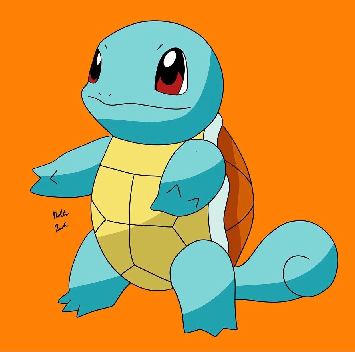 Squirtle Pokemon character sprite animation sequence against orange background.