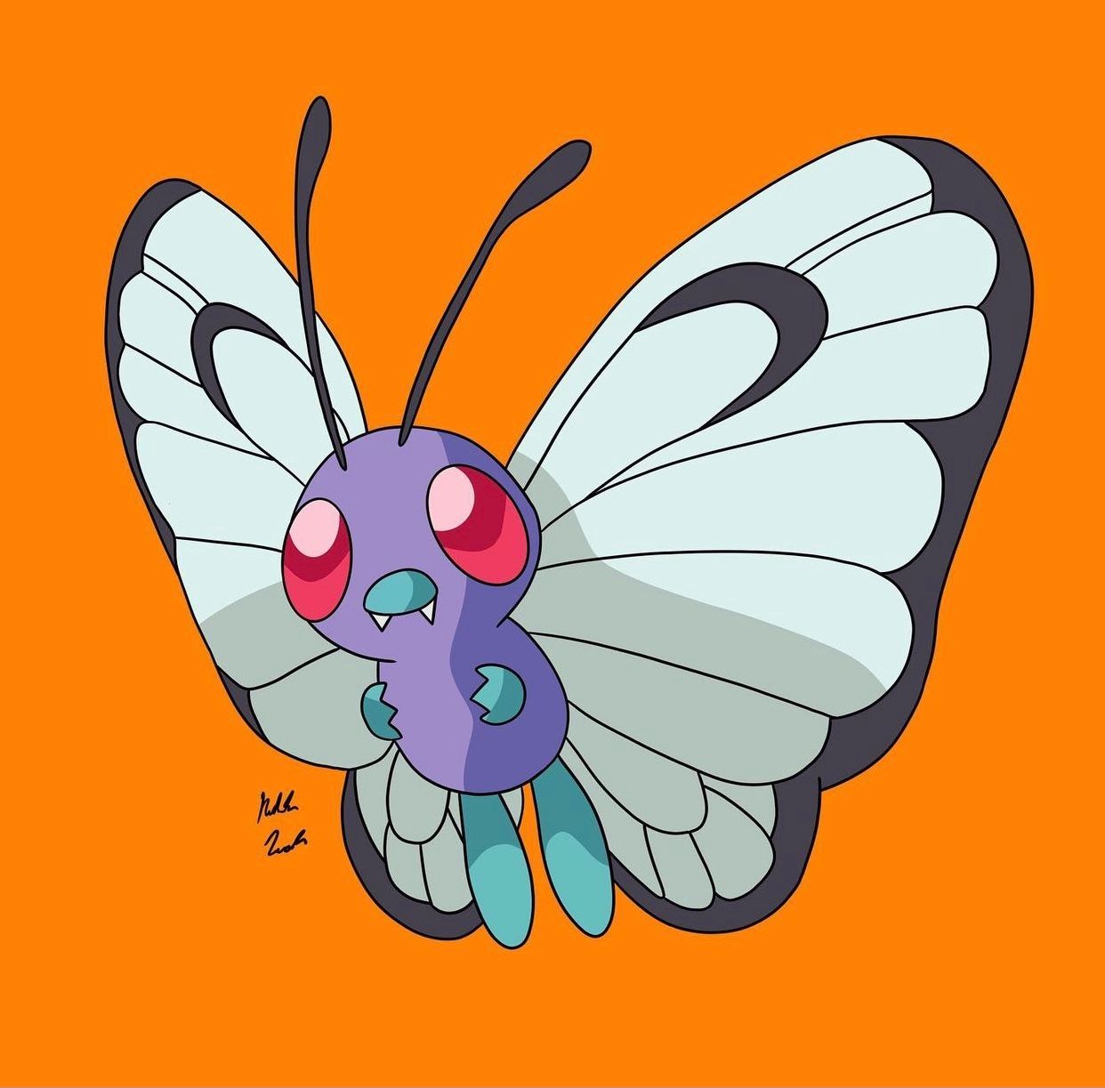 Butterfree Pokemon sprite animation showing flying movement against orange background.