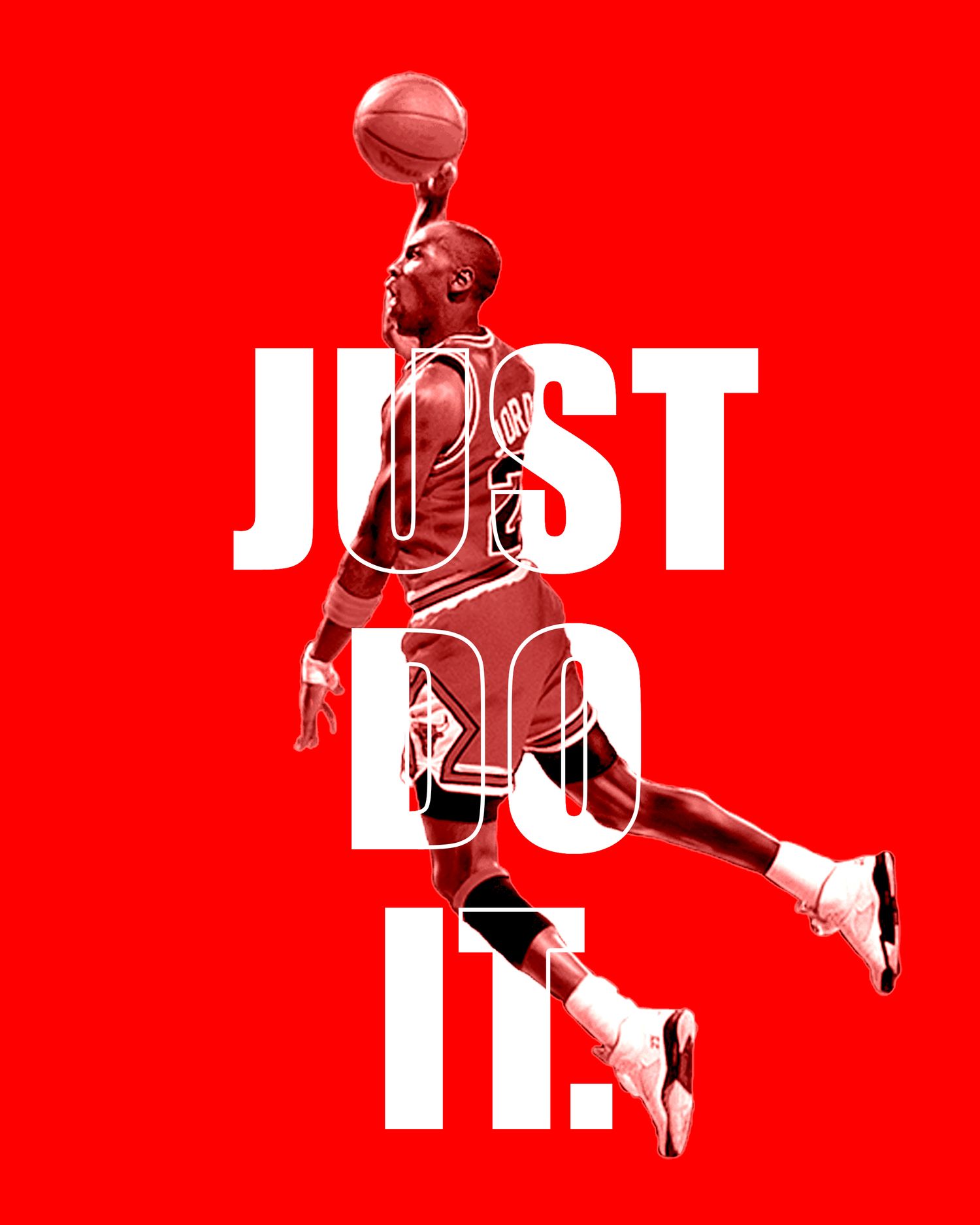 Jordan silhouette in dynamic jumping pose against red background with text overlay.