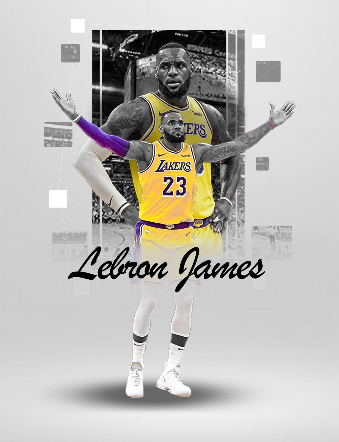 Basketball player in yellow Lakers jersey shown in artistic design sequence.