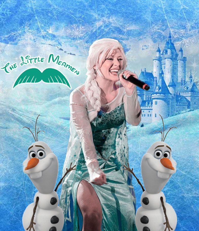 Winter themed fantasy scene featuring a Olof character and ice castle in blue tones.