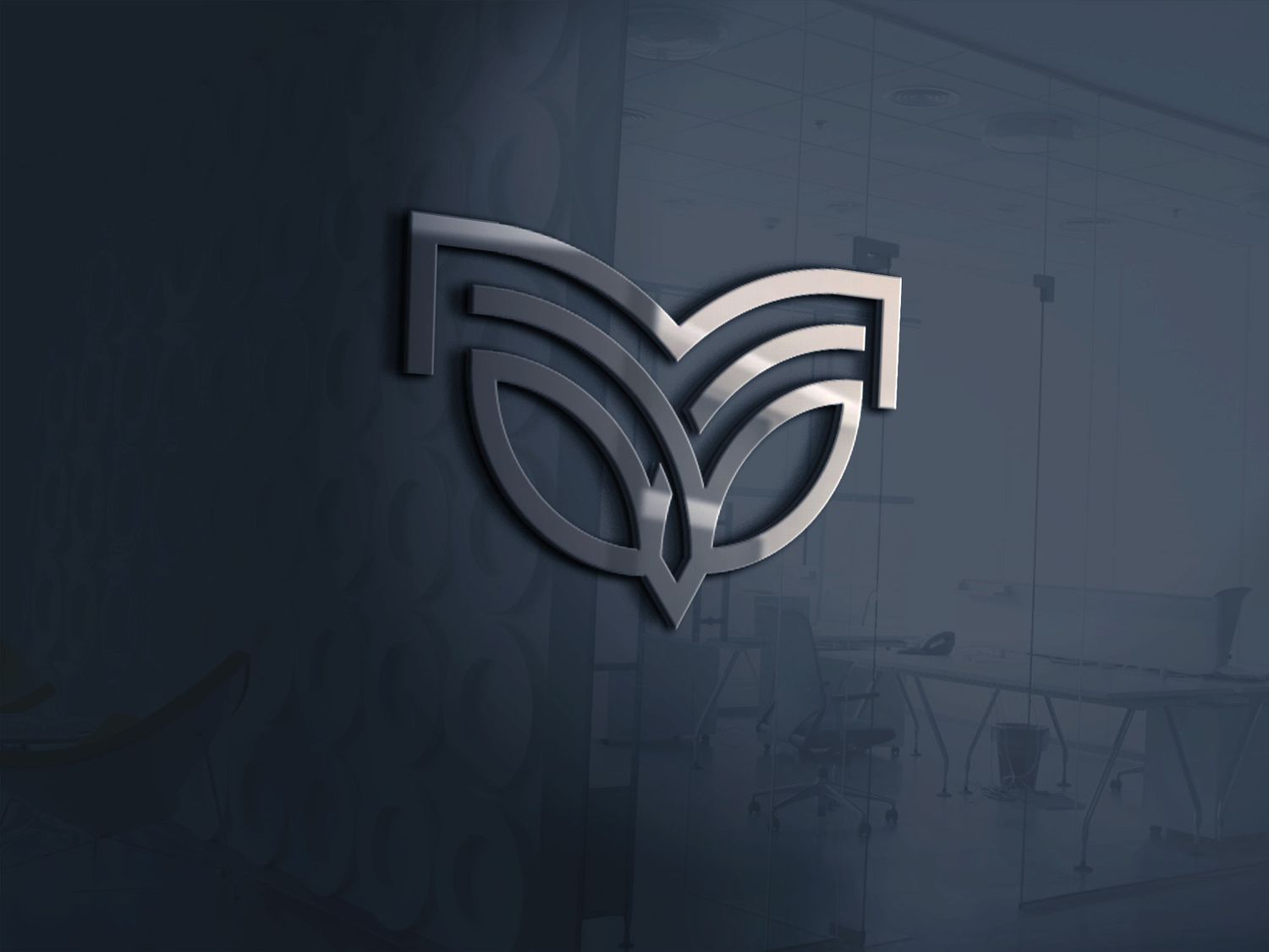Modern corporate logo design displayed on textured gray wall.