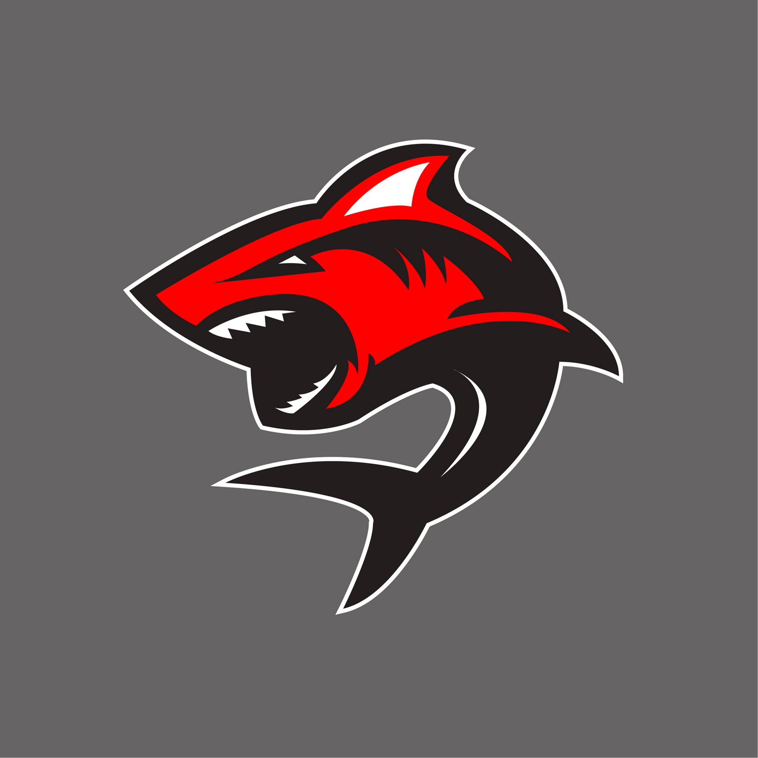 Red and black shark logo designs in different angles on gray background.