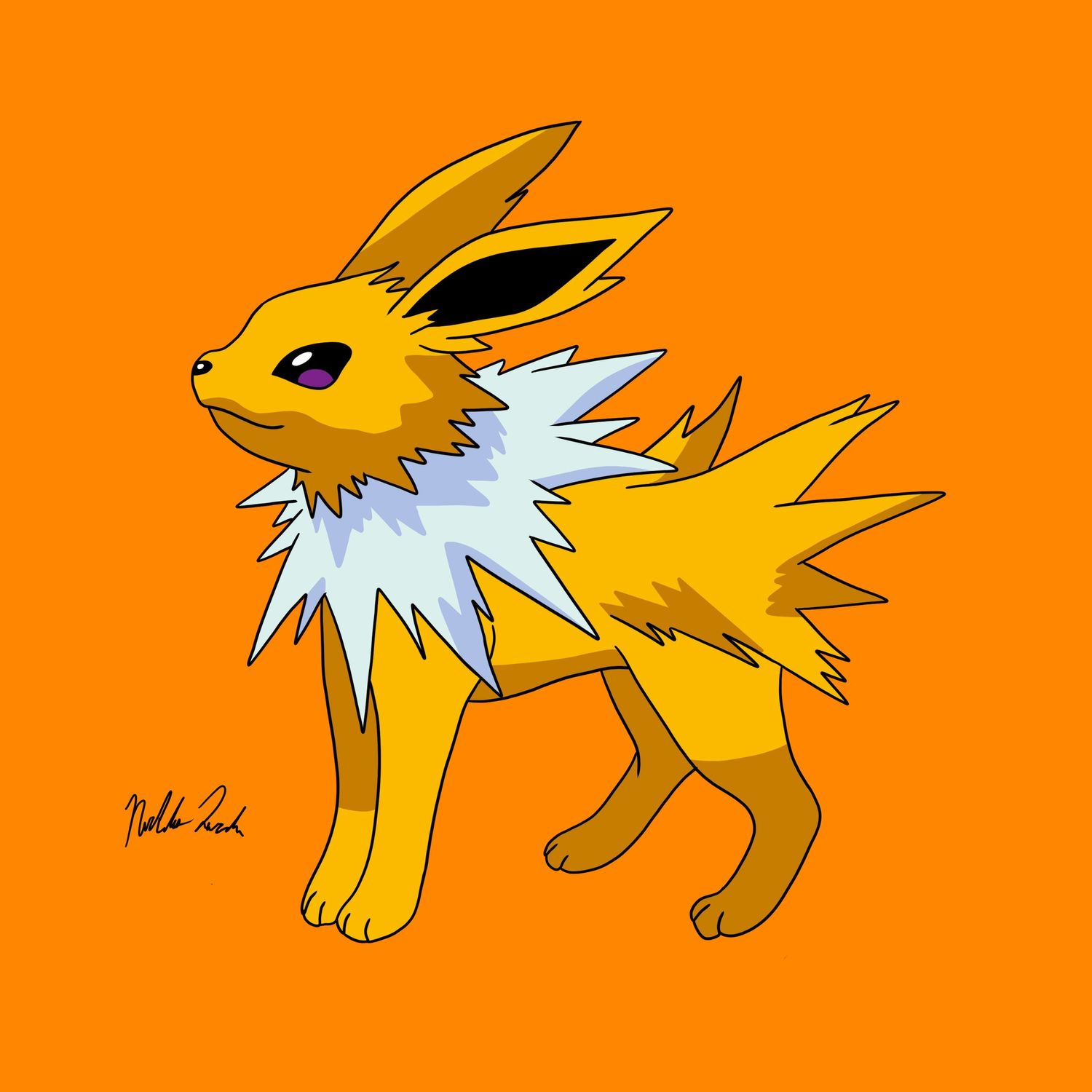 Yellow fox-like Pokemon creature shown in different poses against an orange background.