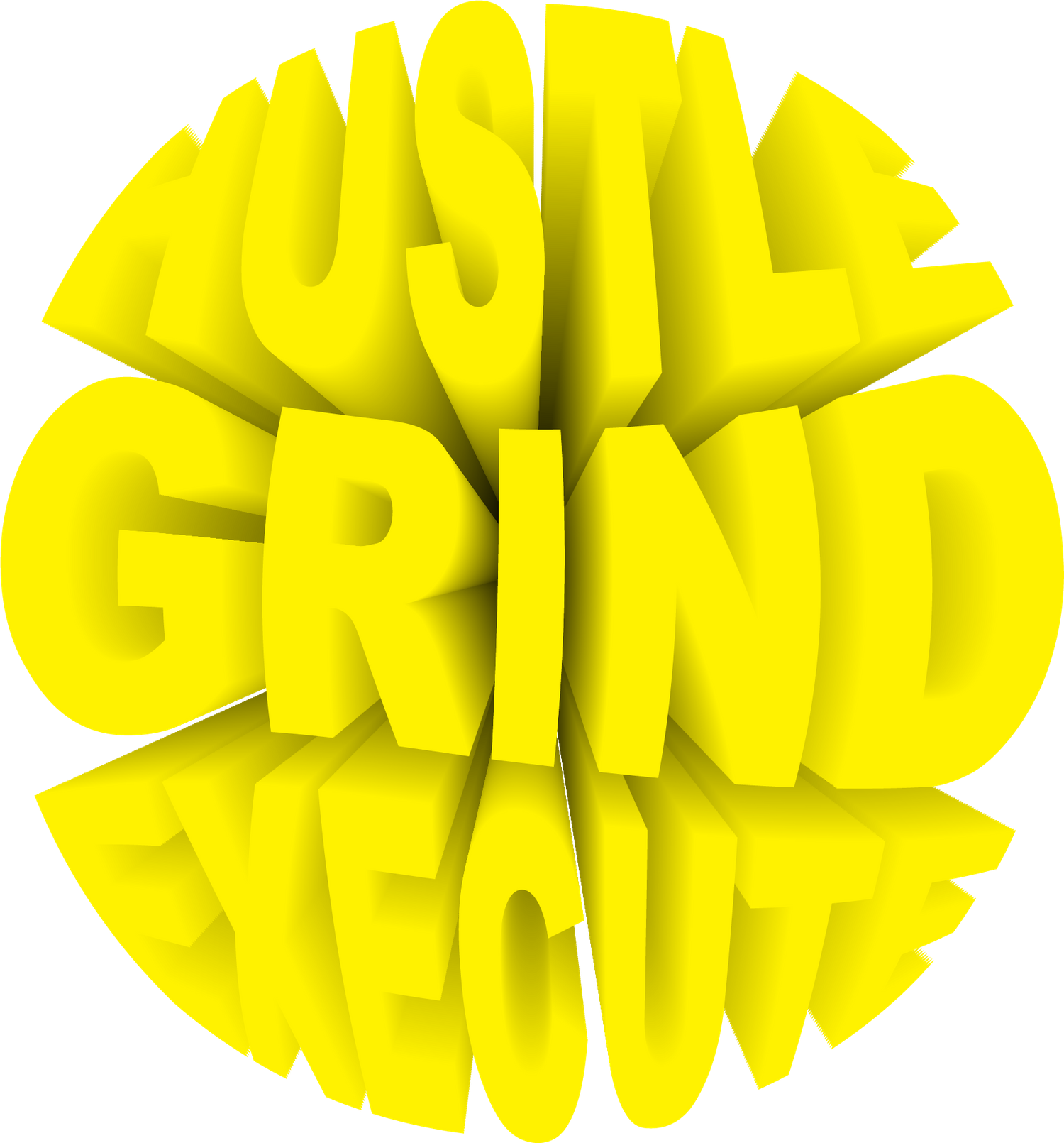 Yellow 3D text animation frames on white background.