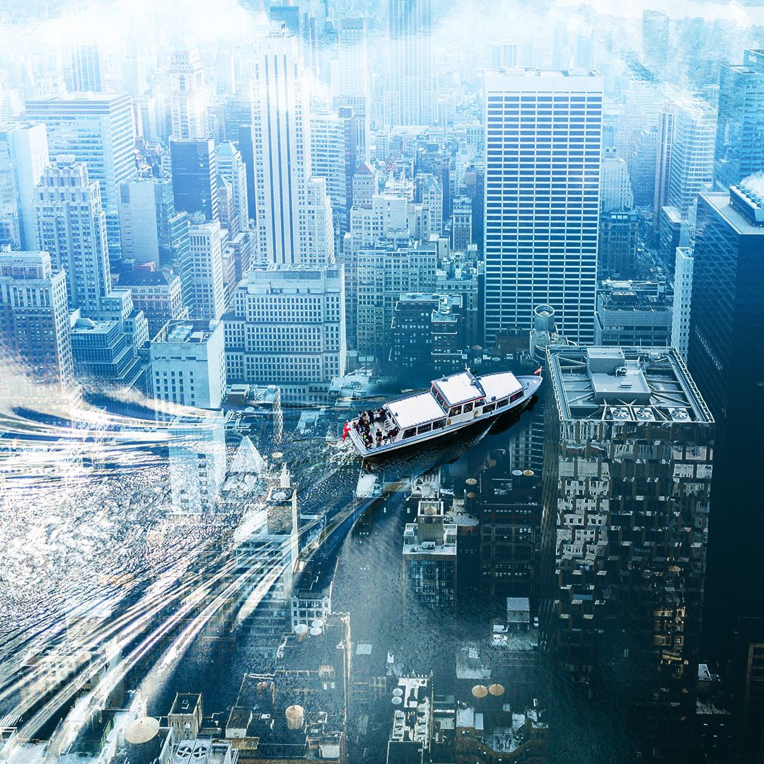 Aerial cityscape view of a harbor with boats and buildings in blue tinted monochromatic style.