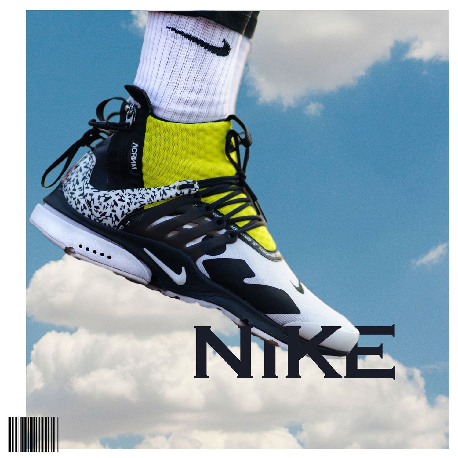 Nike sneakers photographed against cloudy blue sky background.