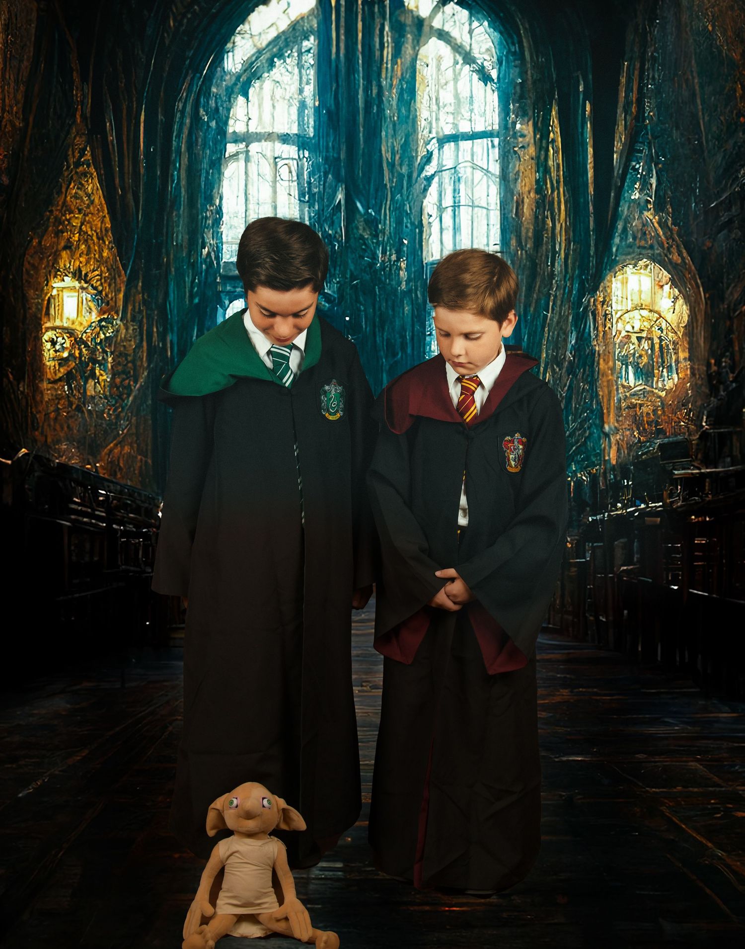 Students in house robes standing in a gothic castle hallway with a small plush toy.
