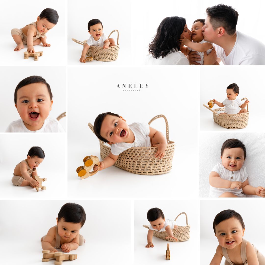 Grid of baby milestone photos featuring playtime with woven basket against white background.