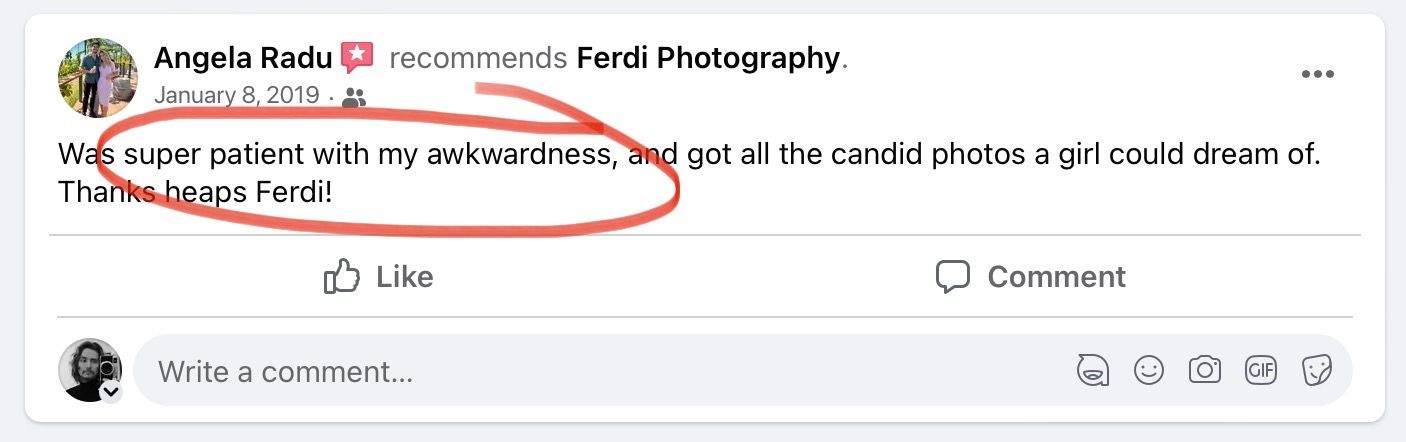 Social media comment showing positive feedback about candid photography.