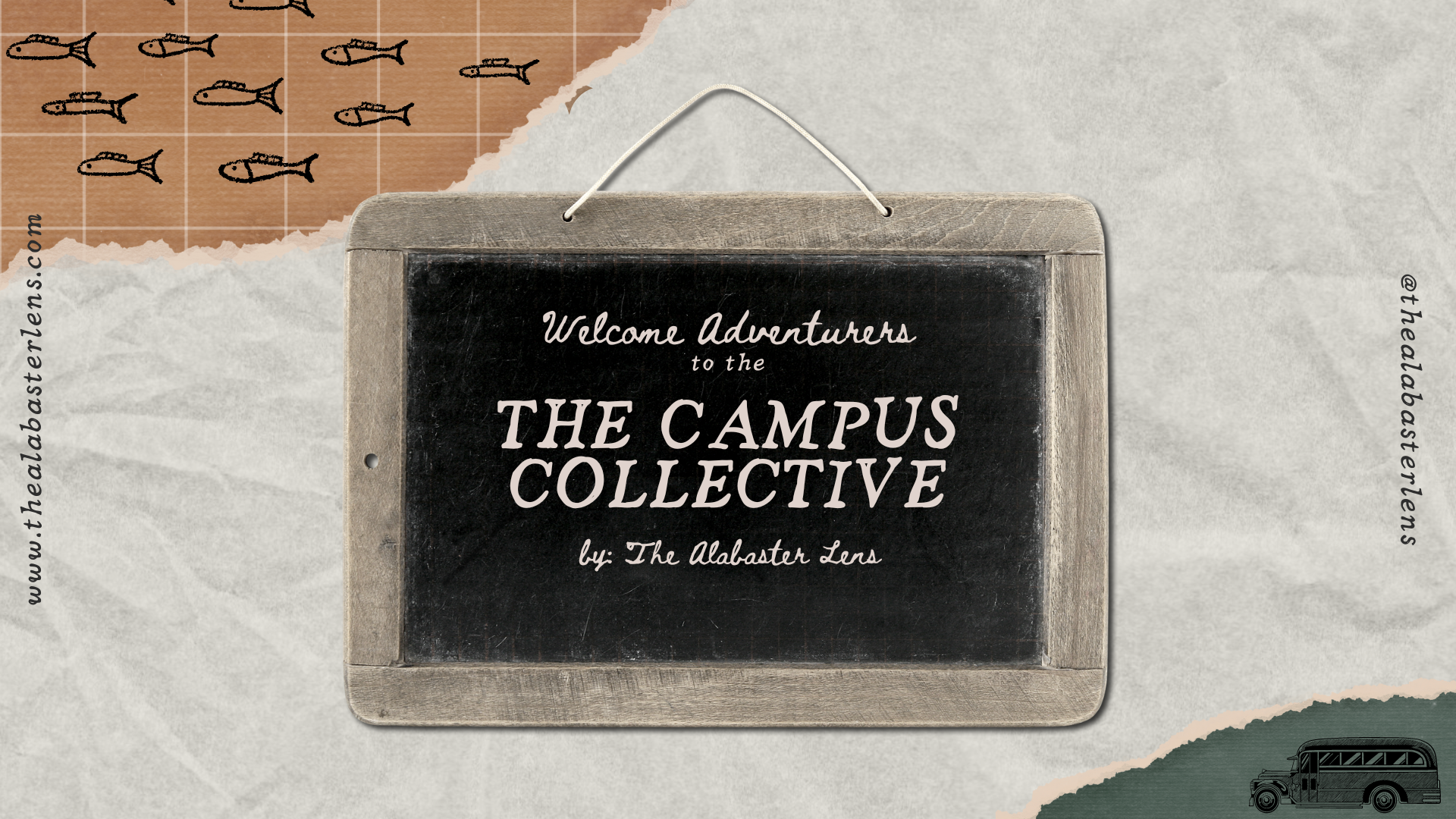Vintage-style chalkboard sign reading 'The Campus Collective' with fish illustrations.
