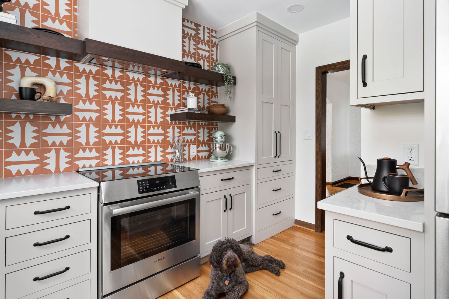 Renovated kitchen with orange tile and a goldendoodle dog sitting nicely for an interior design photograph.