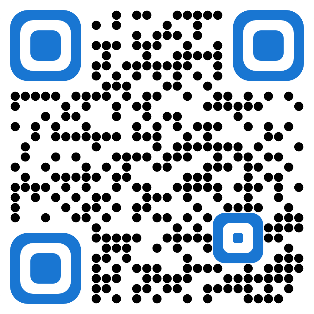 Blue and black dotted QR code pattern on white background.