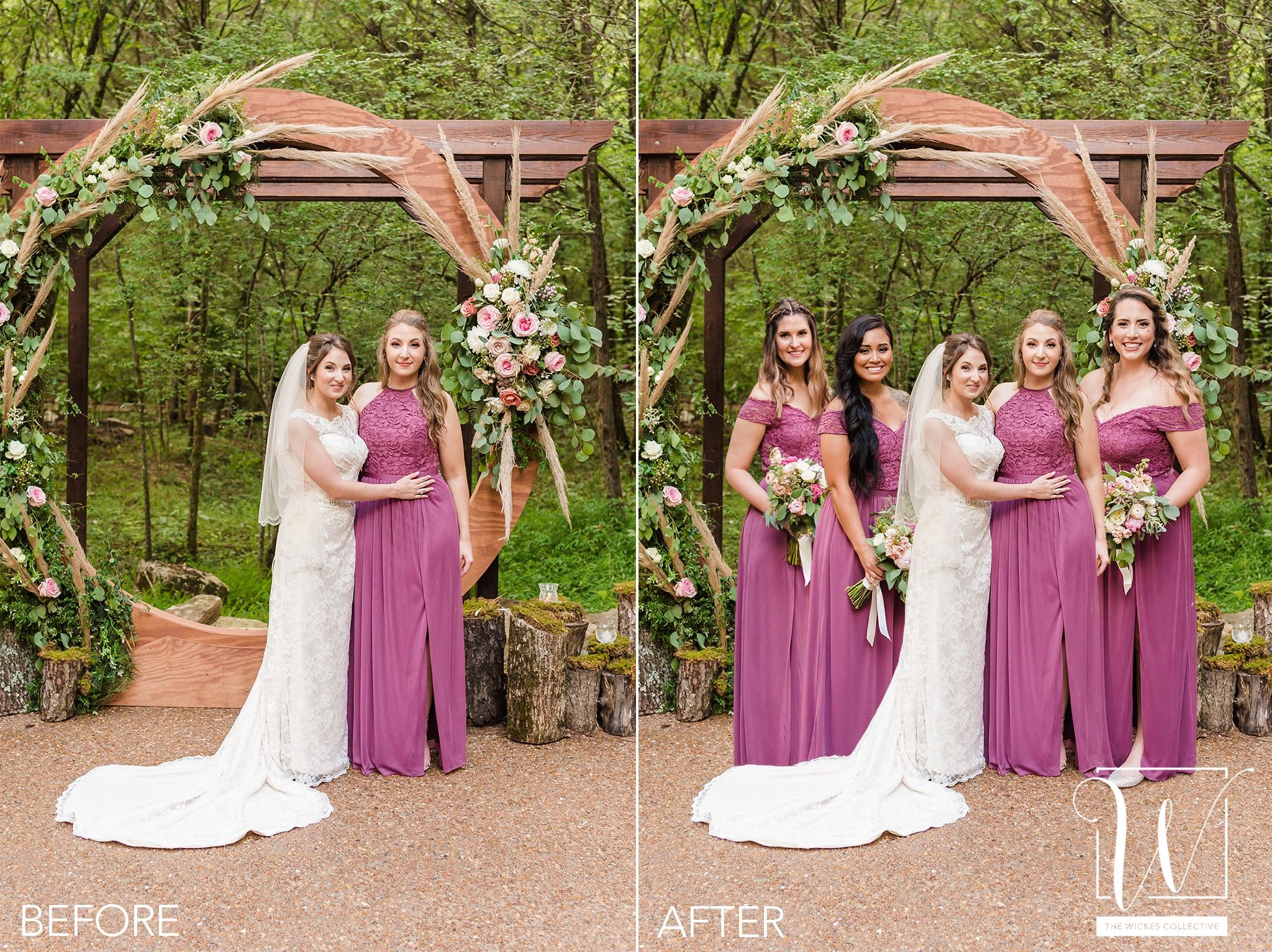 Before and after wedding photos of a bride with one bridesmaid, then with three additional bridesmaids added in by an arch.