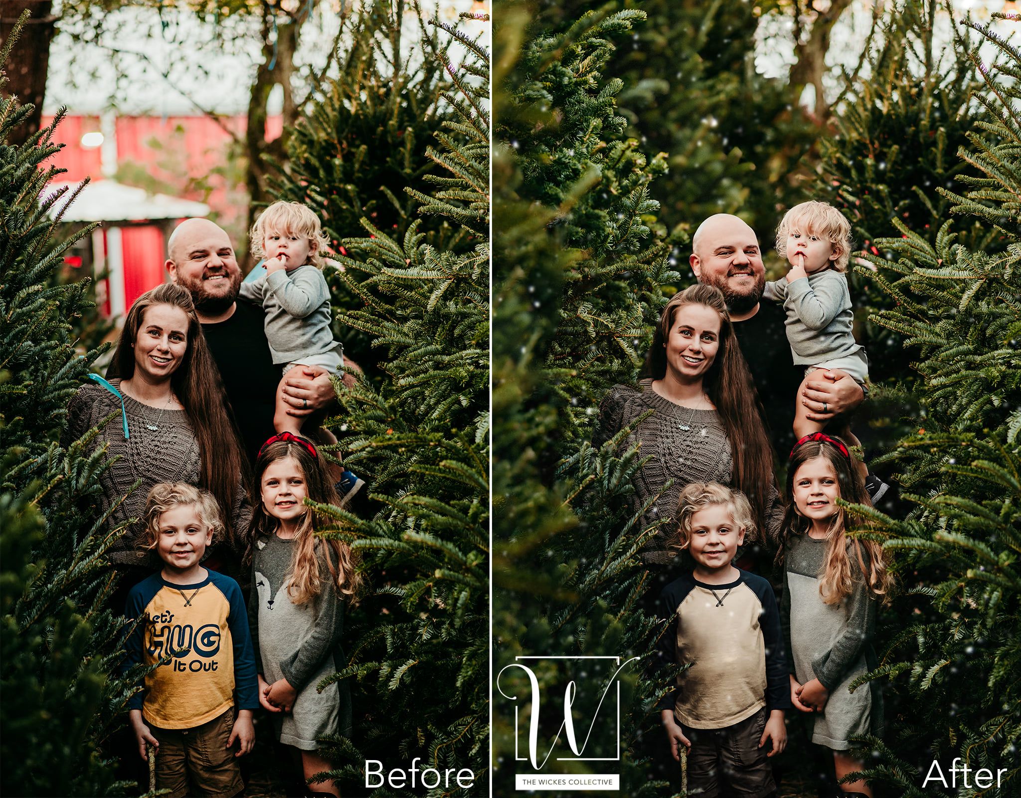 Before and after photos of a family photo retouch, excluding faces, outside by trees.
