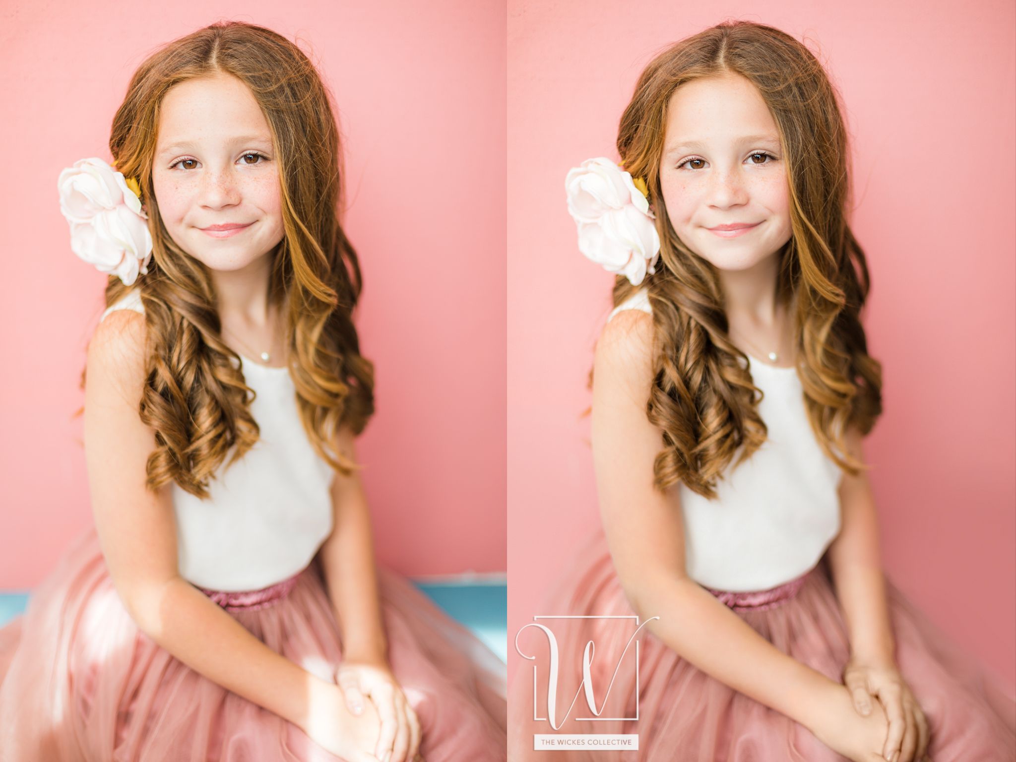 A young girl in a white top and pink tulle skirt sits against a pink backdrop showing lighting and flyaways fixed