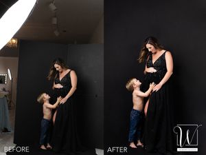 Pregnant woman in a black dress poses with a child touching her belly. The image is split into "Before" and "After," showing lighting adjust