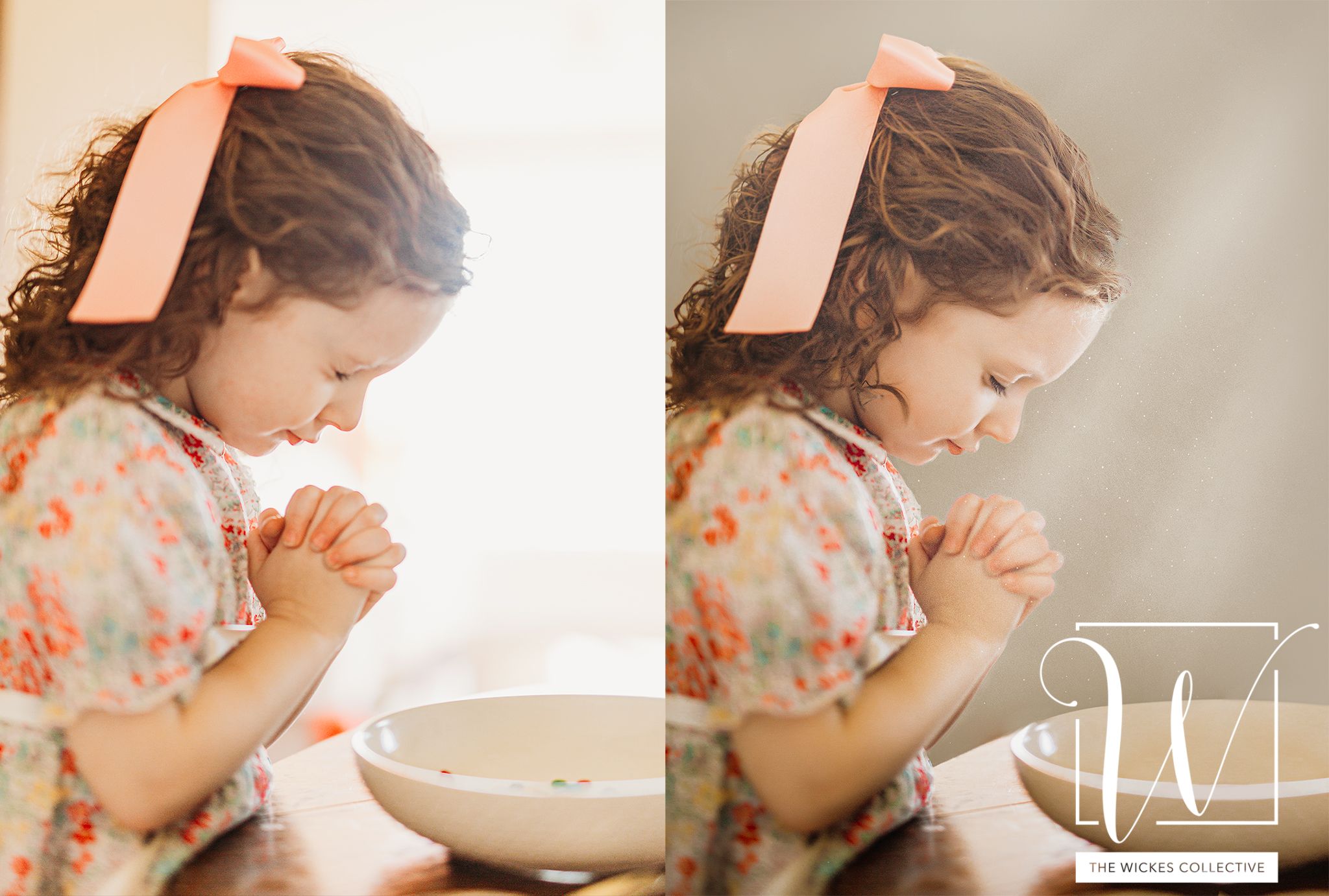 Young girl with curly hair and a pink ribbon sitting at a table praying with a white bowl with a headswap and added sun light.