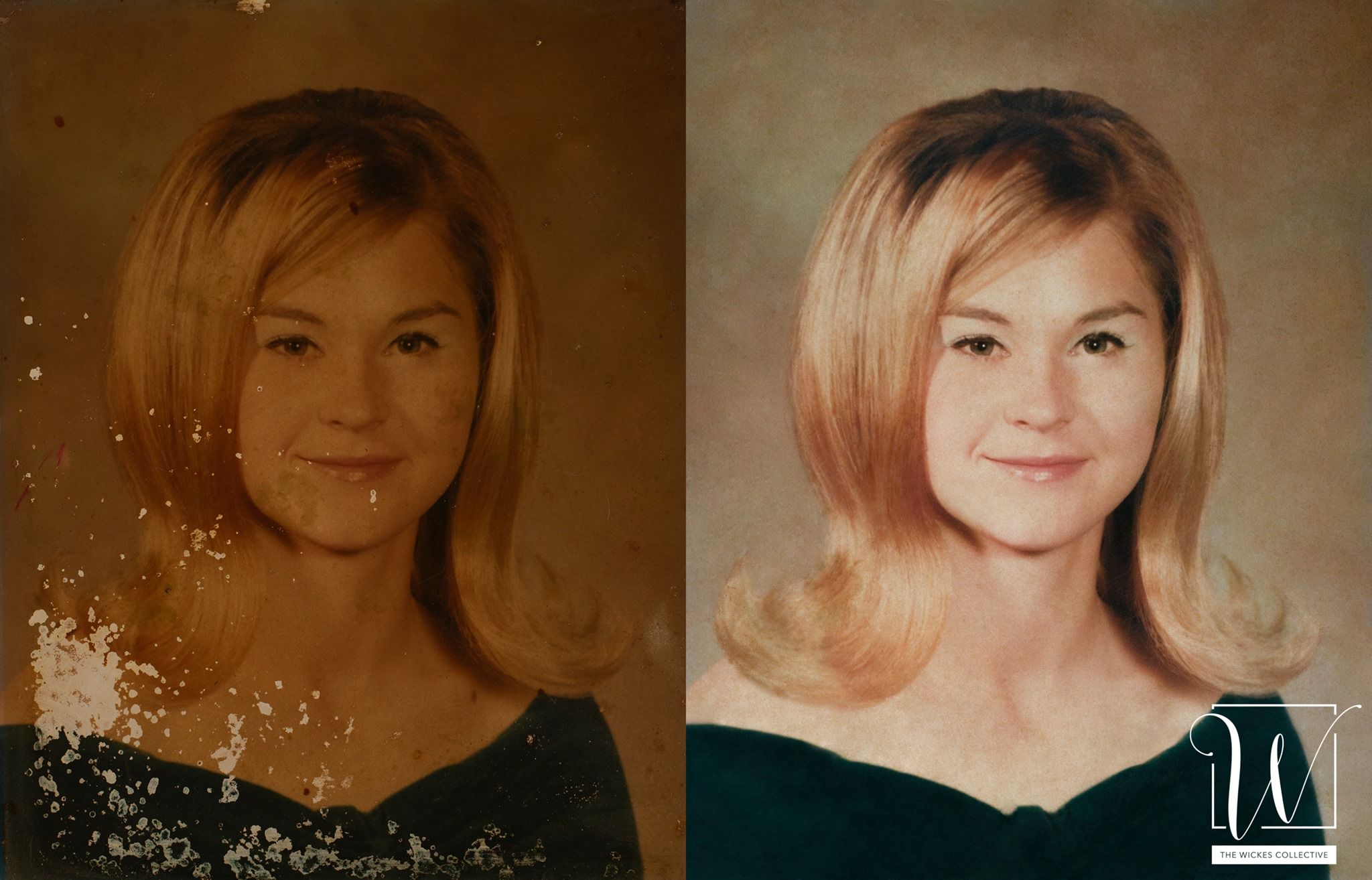 Before and after restoration of a damaged portrait showing improved hair and clothing details.