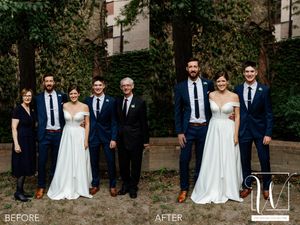 Group of six adults in formal attire posing for a "before and after" photo, with two individuals digitally removed in the "after" image.