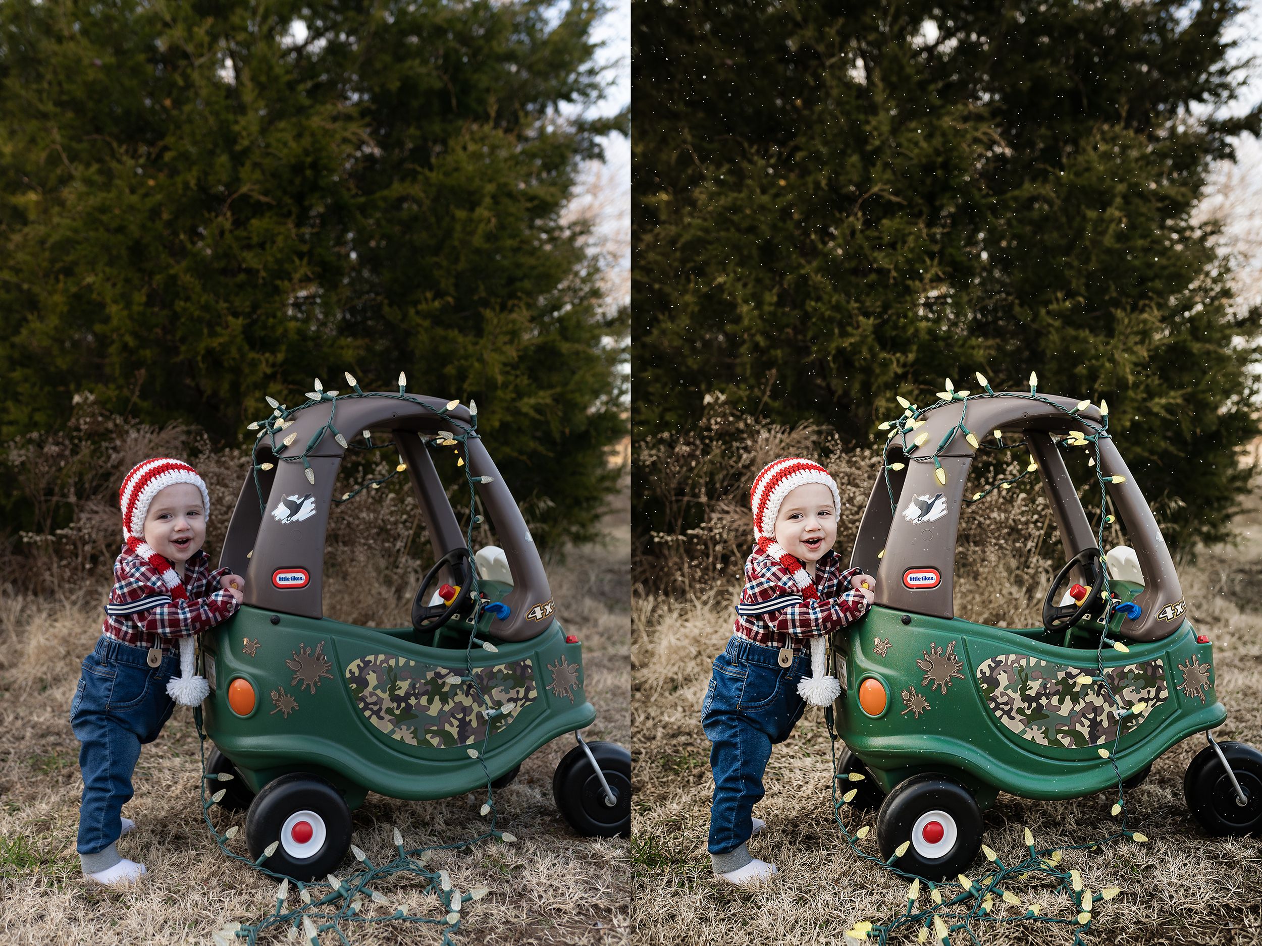 Toddler in a striped hat playing with a toy car outdoors with lights added and background cleaned up.