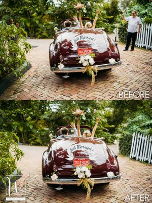 A before and after comparison of a decorated wedding car with a "Just Married" sign, with photo retouching enhancing its colors.