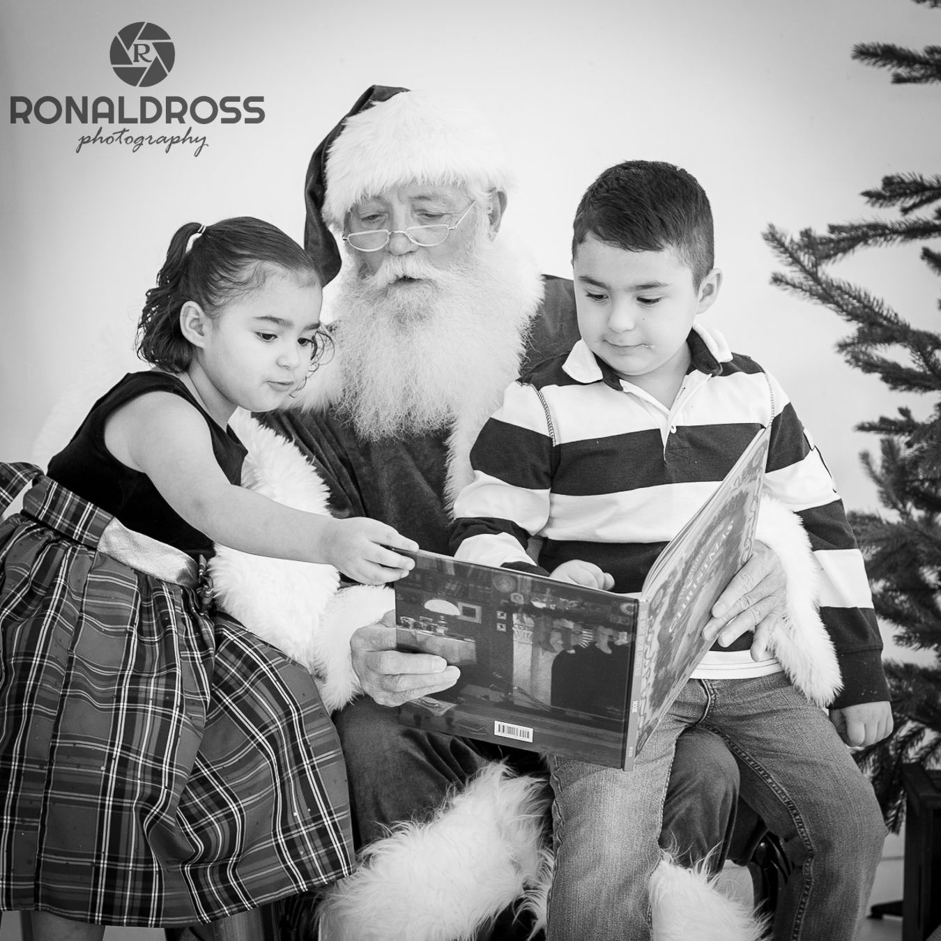 A series of black and white photos showing story time with holiday-themed books and plaid clothing.