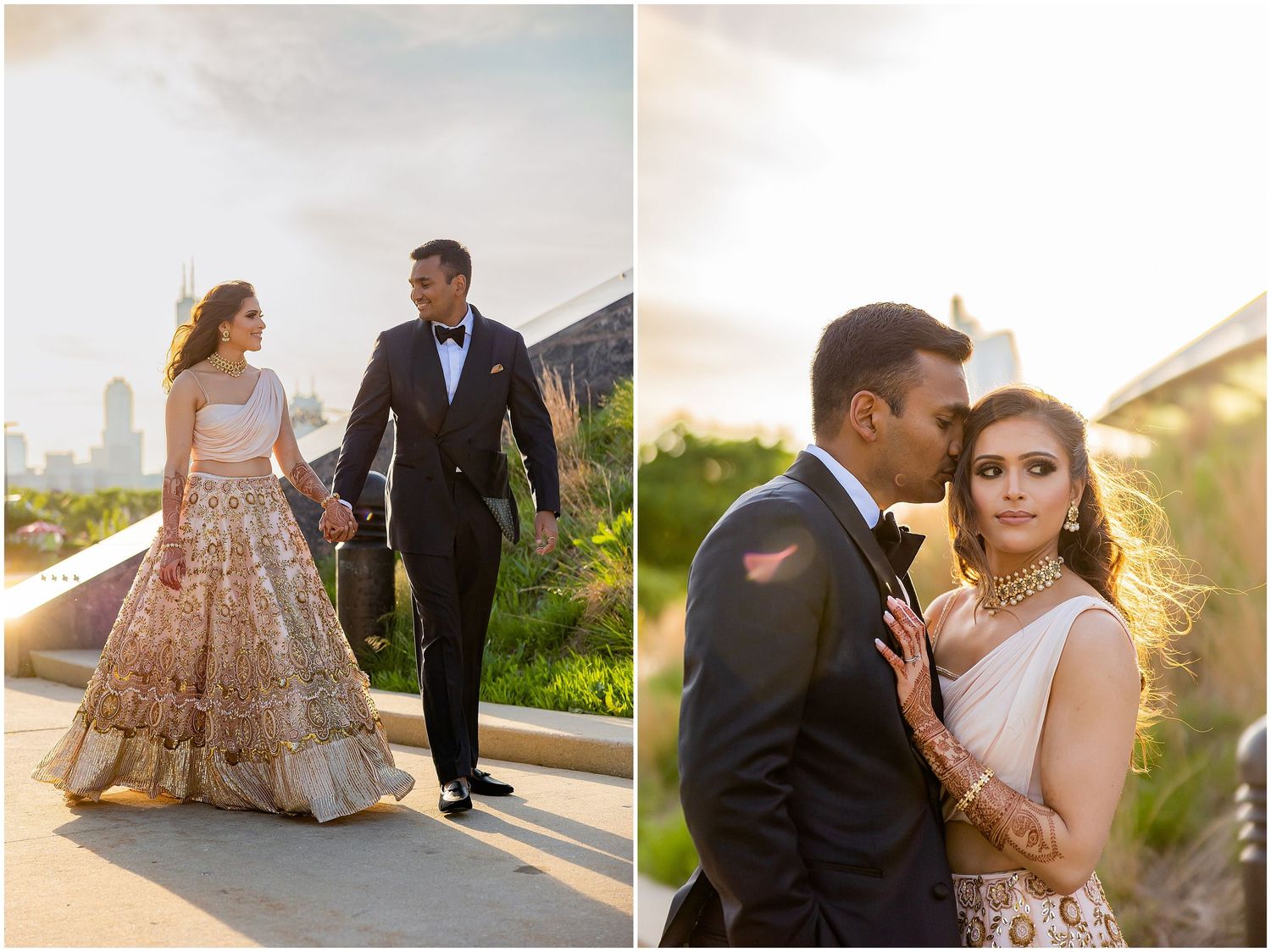 Wedding couple poses outdoors in formal attire with a gold embroidered gown against an urban backdrop.