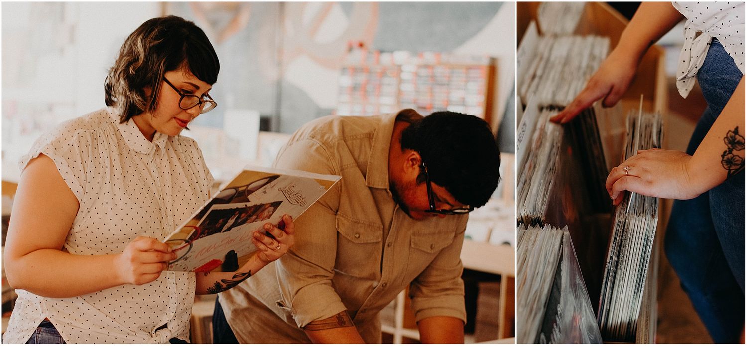 Customers flipping through vinyl records at a music store with natural lighting.