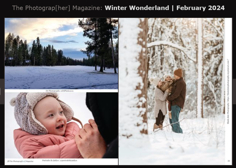Winter photography magazine cover featuring snowy woodland scenes and winter portraits.