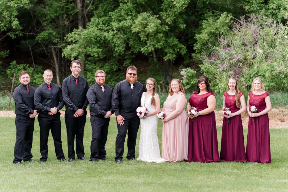 Wedding party lined up on lawn with groomsmen in black and bridesmaids in pink and burgundy dresses.