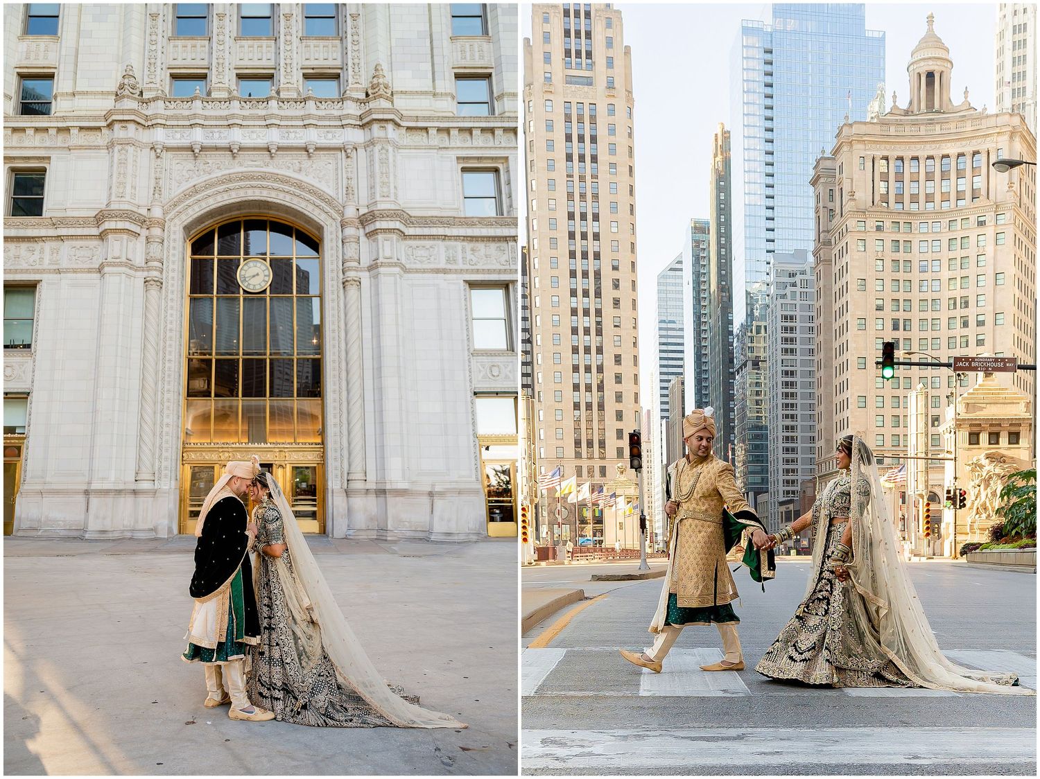 Elegant couple in formal attire posing against Chicago's architectural landmarks.