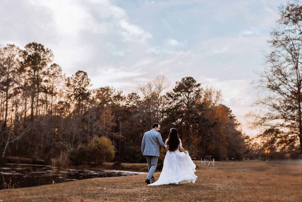 sunset couples portrait, walking away into the sunset, Moncks Corner, bride and groom, engagement, wedding