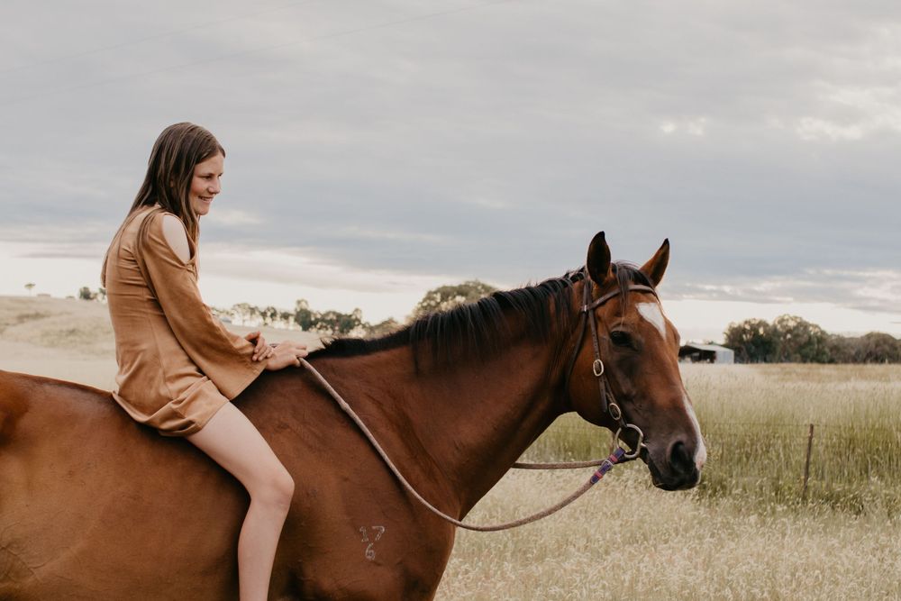 Girl sitting on her horse bareback in a paddock girl staring at her horses face, horse looking out into paddock