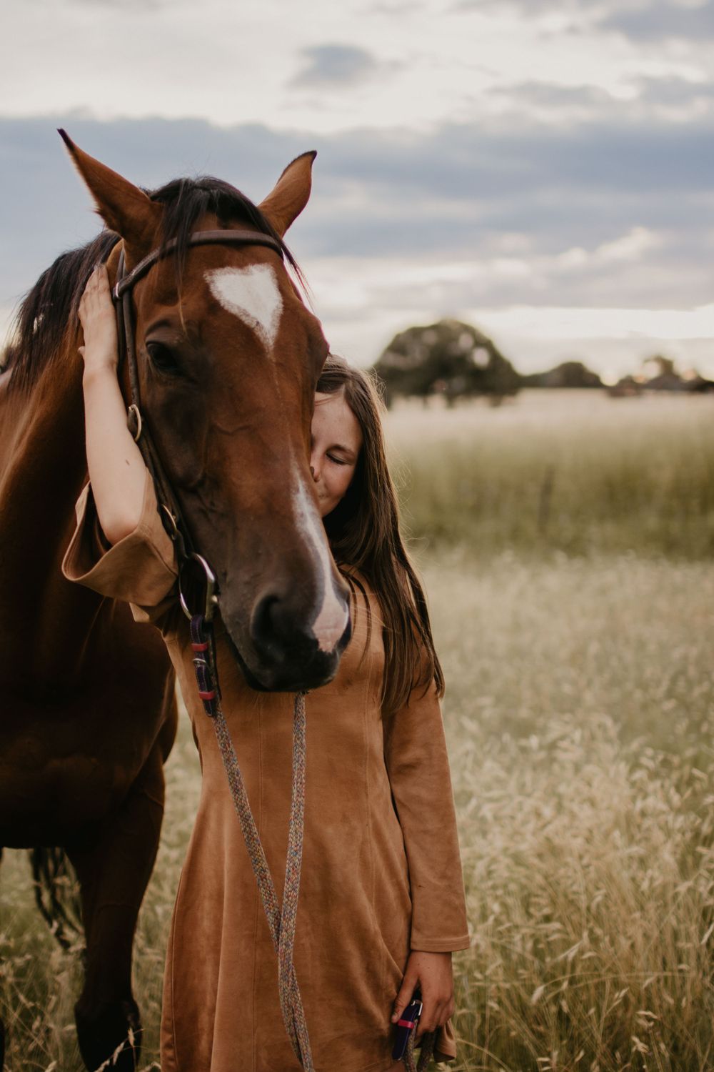 Horse and Girl standing next to each other. girl hugging horse face as they stand in a long grass paddock.
