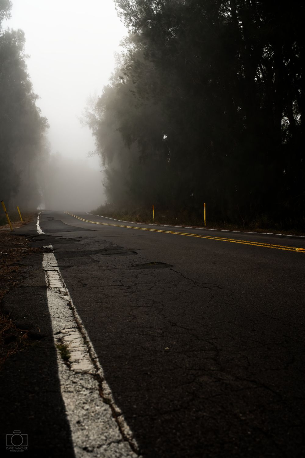 Clouds obscuring a section of mountain highway