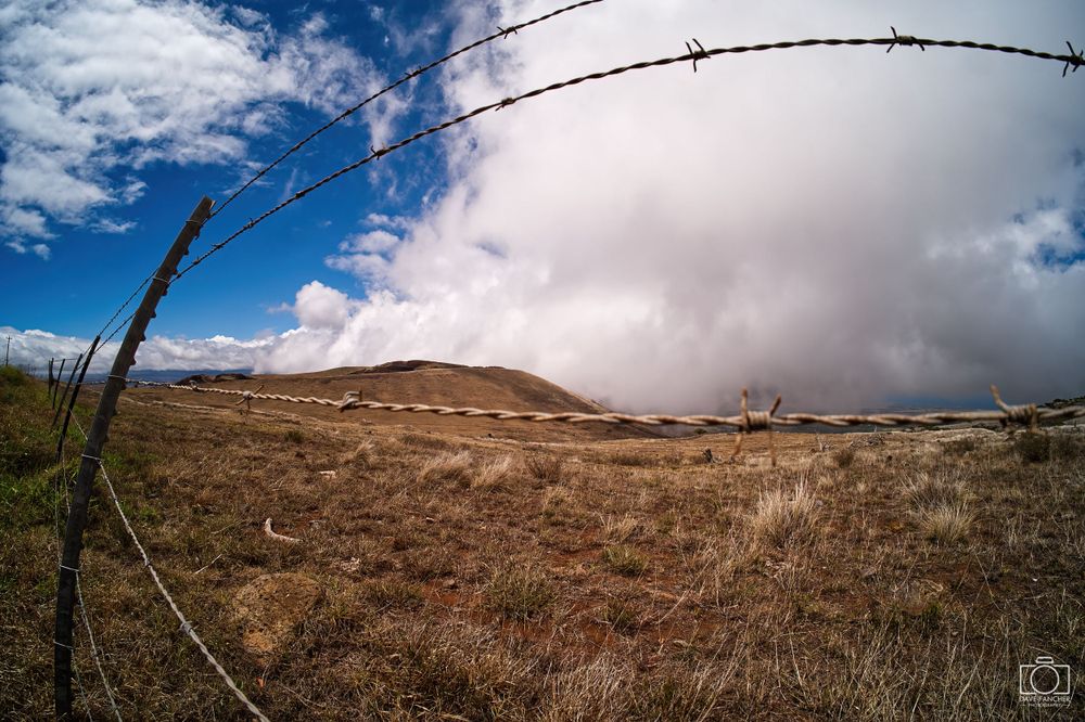 Fisheye image of a ranch and barbed wire fence