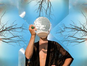 Art photo of a person with a mirror covering their face: layers of sky and images of metal trees are layered on top.