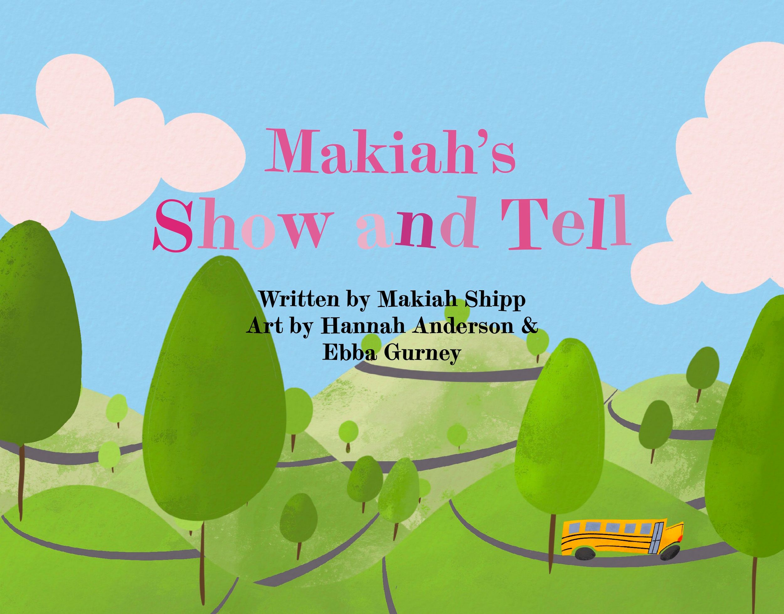 Children's book title page featuring cartoon landscape with school bus and pink clouds.