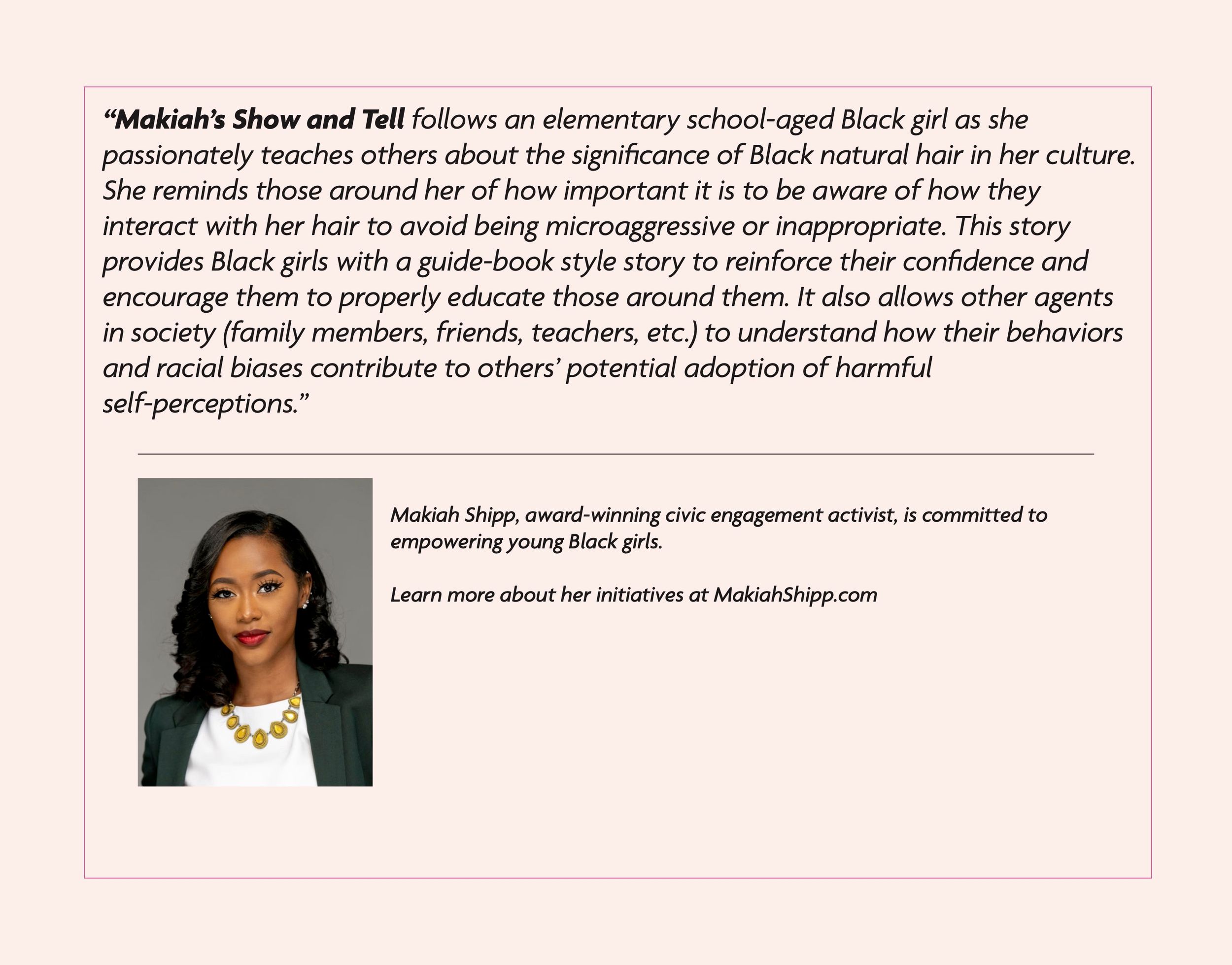 Professional headshot on a pink background with text about supporting and empowering Black girls.