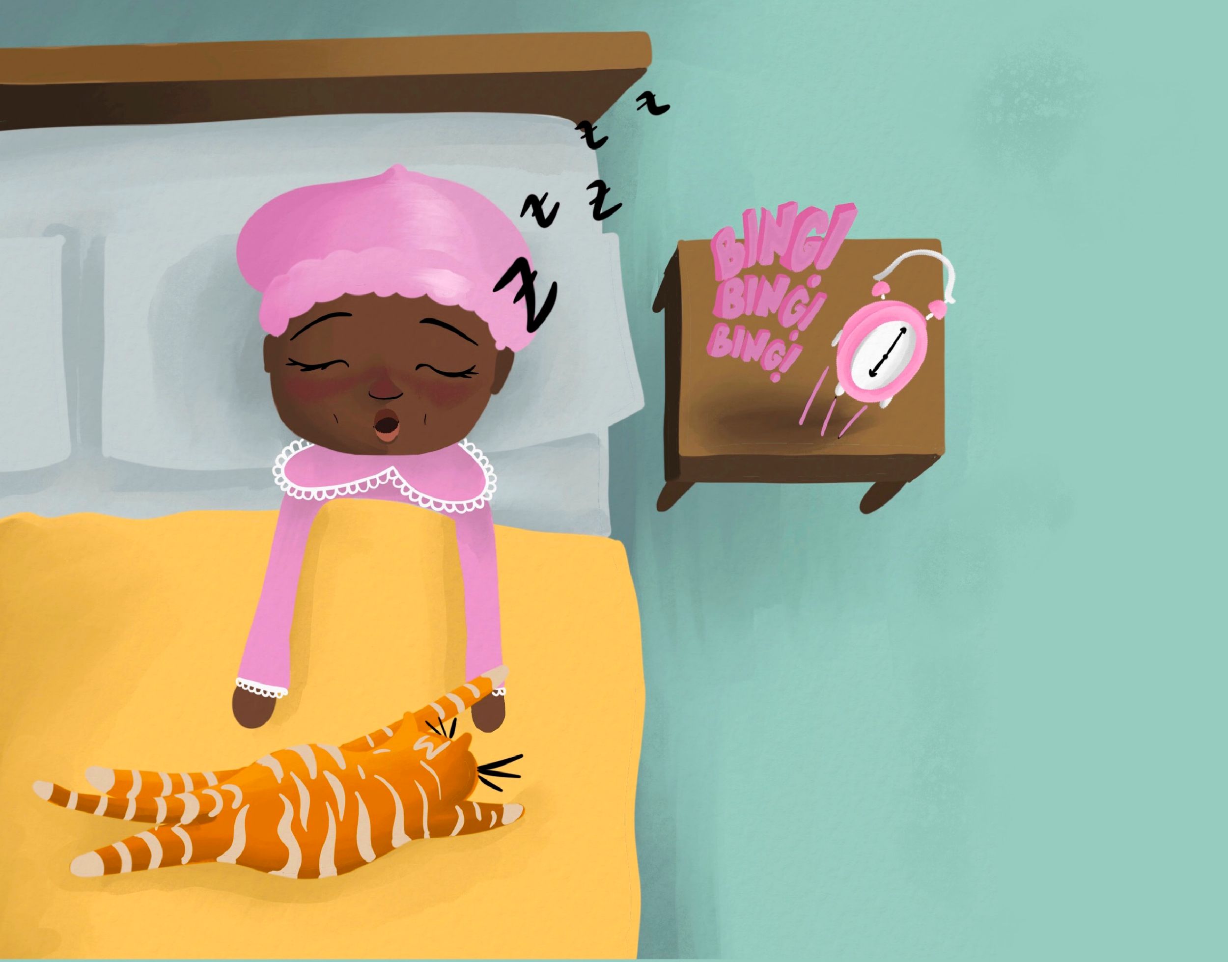 Illustration of a child sleeping in bed with a pink nightcap while a striped orange cat rests nearby.