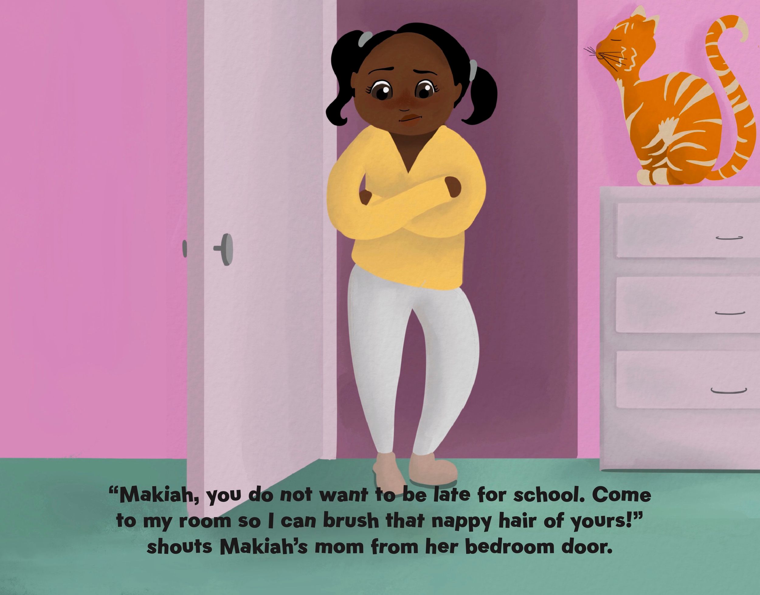 Illustration of a child in a yellow sweater standing against a pink wall with an orange cat poster.