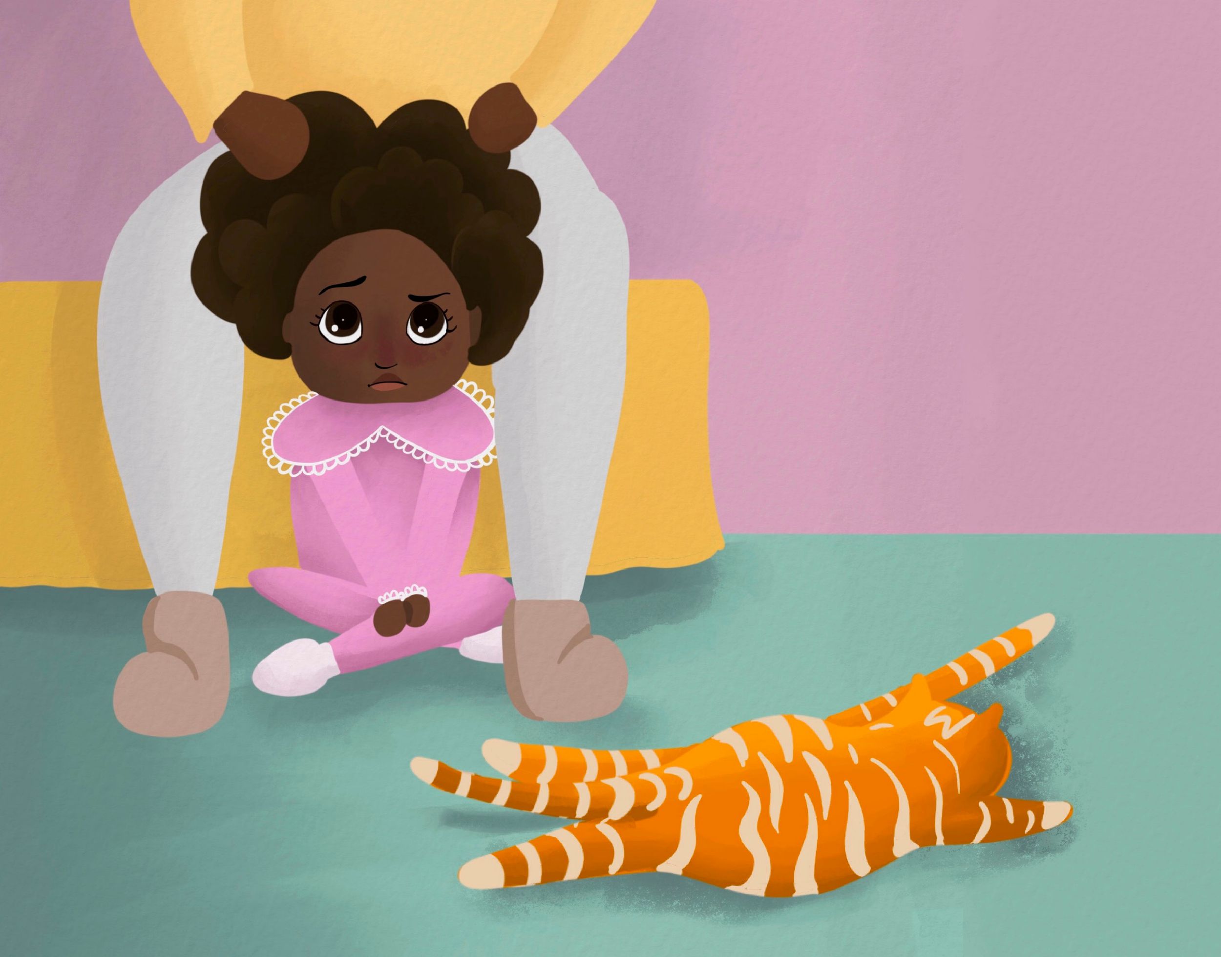Illustration of a child sitting on a chair with an orange striped cat below.