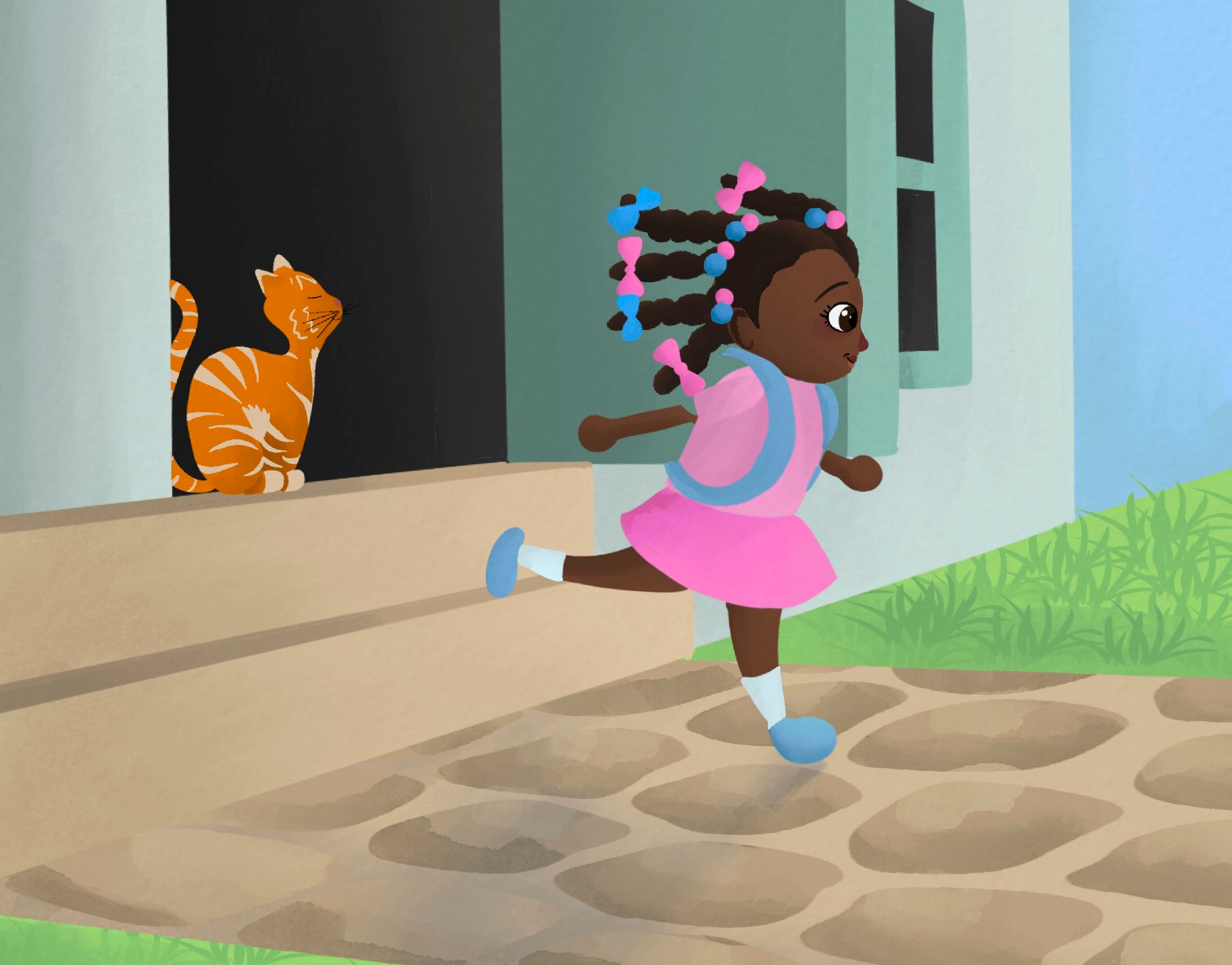 Illustration of a child in a pink dress running on a path with an orange cat nearby.