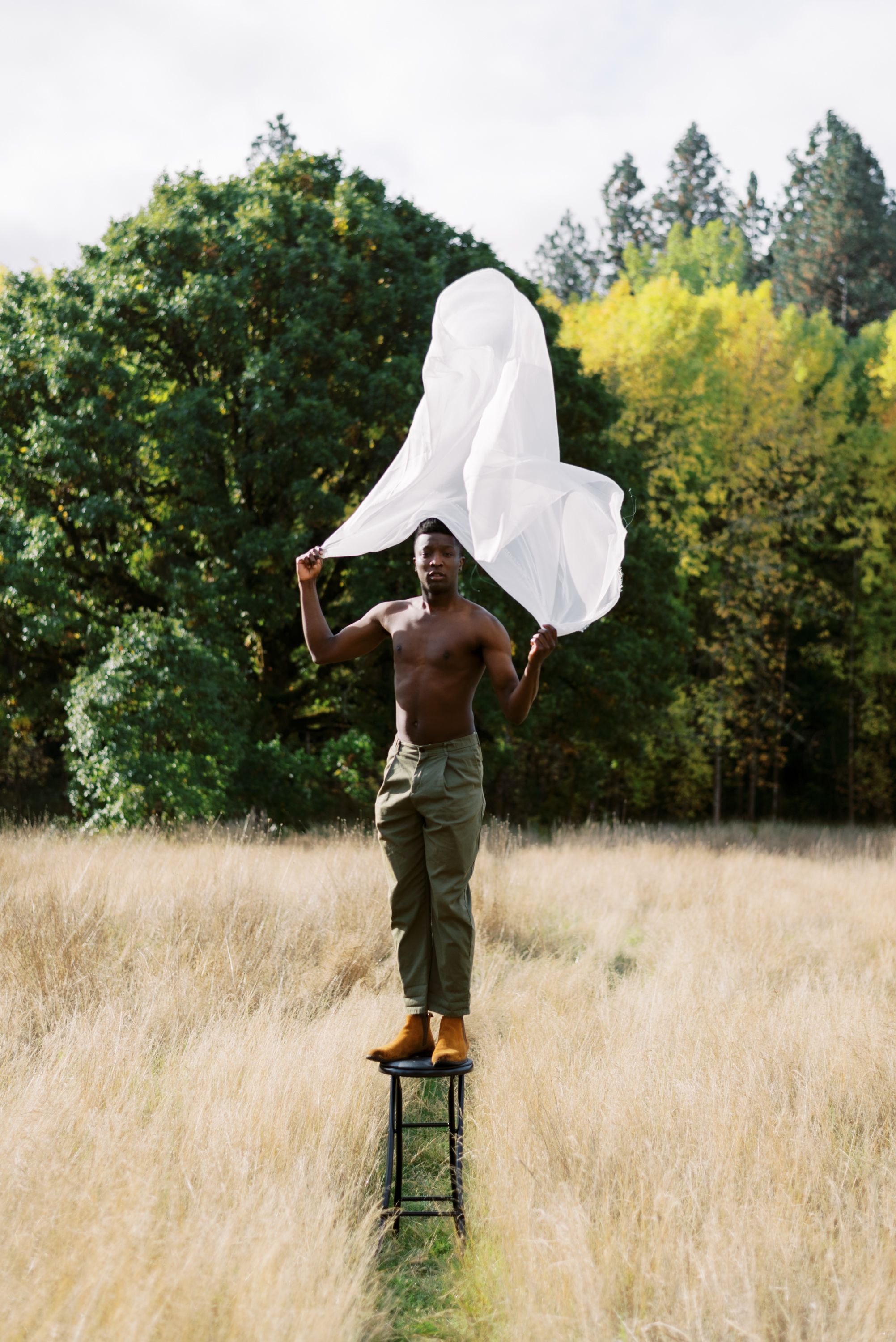 Figure on green stool raises flowing white fabric overhead in sunlit meadow.