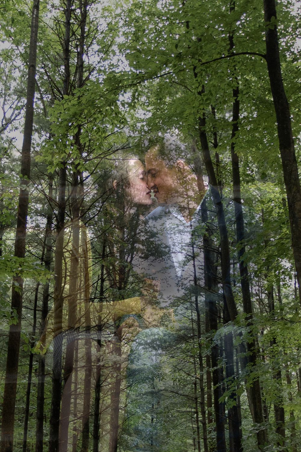 Double exposure of forest trees overlaid with ethereal figures creating a dreamy effect.