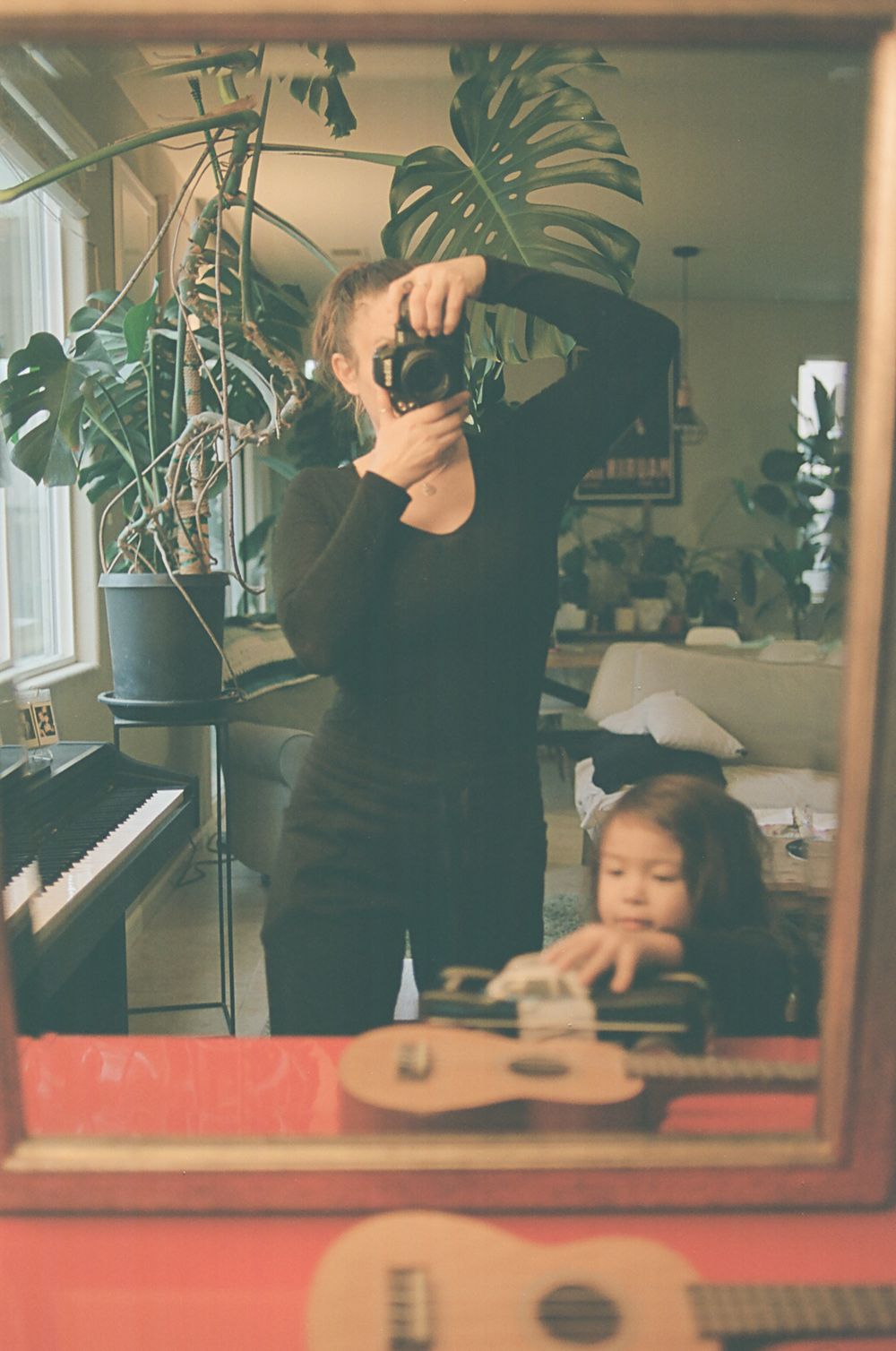 A reflective mirror scene showing indoor plants and musical instruments.