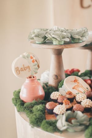 Elegant baby shower dessert display with succulents, cupcakes and decorative cookies arranged on tiered stands.
