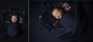 Artistic baby portraits on dark navy background with matching outfit and decorative elements.