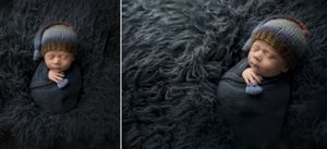 Side by side portraits of newborn in black outfit against dark textured background.